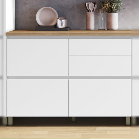 Balcão 1 Porta Basculante 4 Gavetas 120cm 100% MDF Rainha Branco/Nature Nesher