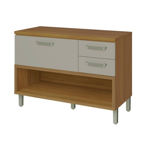 Balcão de Cozinha 1 Porta 2 Gavetas com Caixa Organizadora 120cm Princesa Freijó/Off White Nesher Móveis