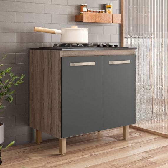 Balcão Para Cooktop  80 cm 2 Portas Carvalho/Chumbo Nicioli 