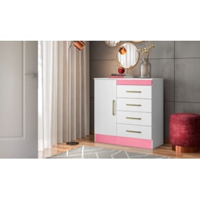 Cômoda 4 Gavetas 1 Porta Montevideu Branco/Rosa Flex Demóbile
