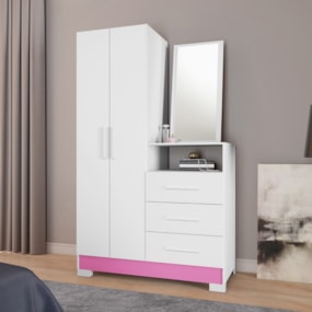 Cômoda c/ espelho 2 portas 3 gavetas Branco/Rosa Flex NT5165 Notável Móveis