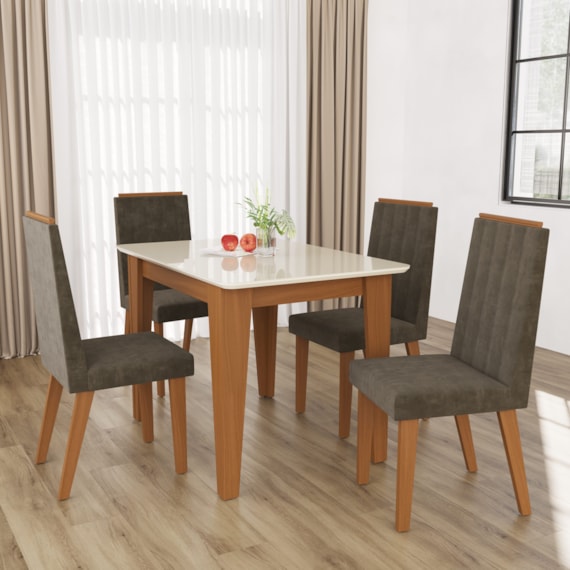 Conjunto Mesa Suécia 1,20cm com 4 cadeiras Freijó/Tecido Capuccino Indekes