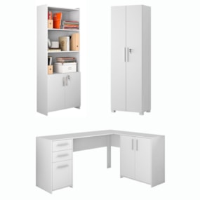 Conjunto Para Escritório 1 Mesa de Canto 2 Armários Altos Branco Notável Móveis