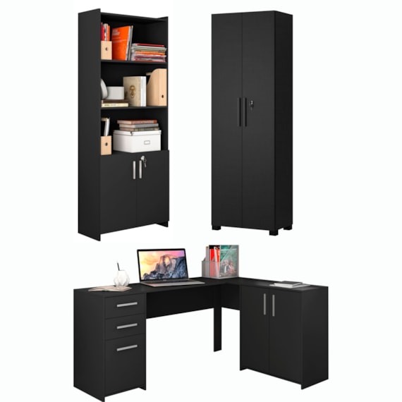 Conjunto Para Escritório 1 Mesa de Canto 2 Armários Altos Preto Tx Notável Móveis