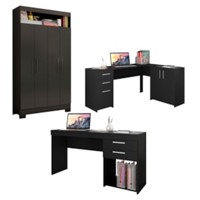Conjunto Para Escritório 2 Mesas e 1 Armário Multiuso 4 portas Preto Tx Notável Móveis