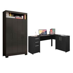 Conjunto Para Escritório 2 Peças com Escrivaninha em L e Armário Multiuso 4 portas Preto Tx Notável Móveis Conjunto Para Escritório 2 Peças com Escrivaninha em L e Armário Multiuso 4 portas Preto Tx Notável Móveis