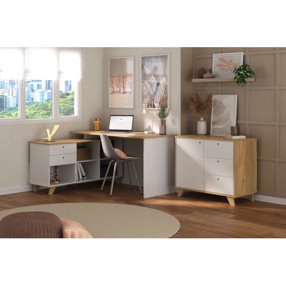 Conjunto para escritório 2 peças com Escrivaninha Gold e Balcão Lugano Olmo/Branco Artany