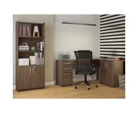 Conjunto Para Escritório 2 Peças com Mesa de Canto em L e Armário Nogal Notável Móveis Conjunto Para Escritório 2 Peças com Mesa de Canto em L e Armário Nogal Notável Móveis