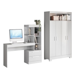 Conjunto Para Escritório 2 Peças com Mesa e Armário 4 portas Branco Notável Móveis