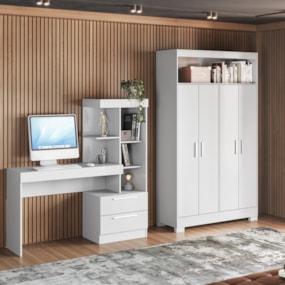 Conjunto Para Escritório 2 Peças com Mesa e Armário 4 portas Branco Notável Móveis Conjunto Para Escritório 2 Peças com Mesa e Armário 4 portas Branco Notável Móveis