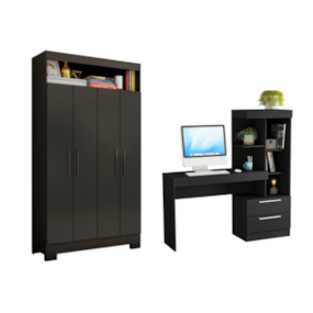 Conjunto Para Escritório 2 Peças com Mesa e Armário 4 portas Preto Tx Notável Móveis