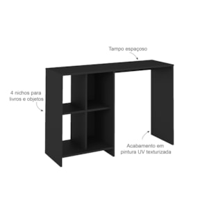 Conjunto Para Escritório Com Mesa 4 Nichos e Estante Preto Artely 