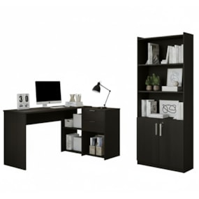 Conjunto Para Escritorio Com Mesa em L NT2060 e Armário Multiuso Preto Notável Móveis