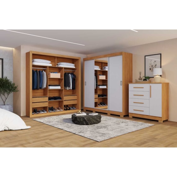 Conjunto Para Quarto Guarda Roupa Cômoda e Closet Freijó/Off White Amoudi Móveis 