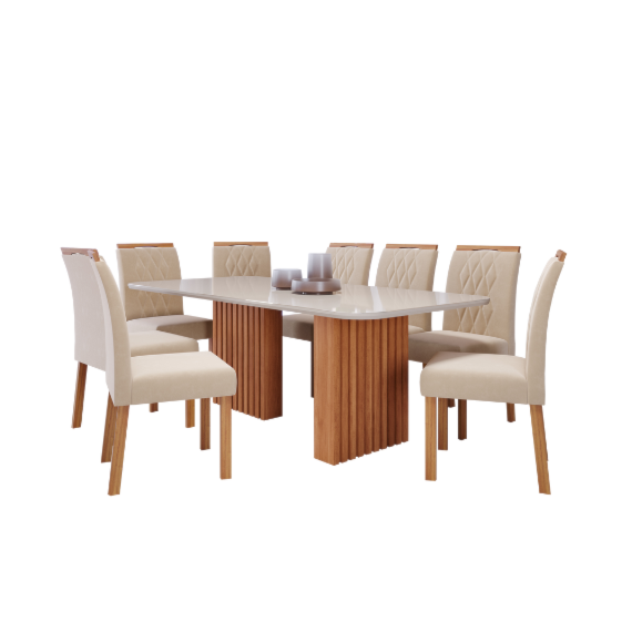 Conjunto Para Sala De Jantar Com Mesa Ester 2,10m e 8 Cadeiras Julia Cinamomo/Off White/Madeira/Nude Cimol Móveis