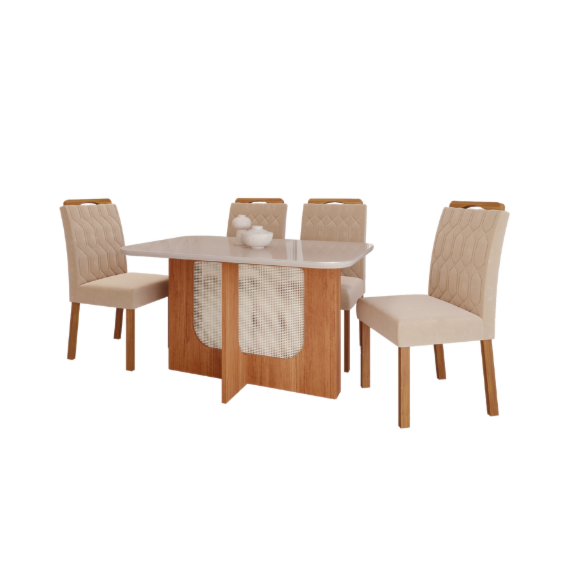 Conjunto Para Sala De Jantar Louise 130cm Com 4 Cadeiras Paola Cinamomo/Off White/Madeira/Nude Cimol Móveis