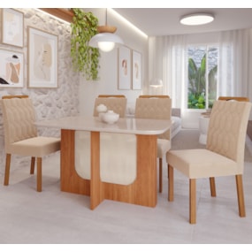 Conjunto Para Sala De Jantar Louise 130cm Com 4 Cadeiras Paola Cinamomo/Off White/Madeira/Nude Cimol Móveis
