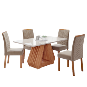 Conjunto Sala de Jantar Com Mesa Agata e 4 Cadeiras Clarice Nature/Off White/Joli Cimol Móveis