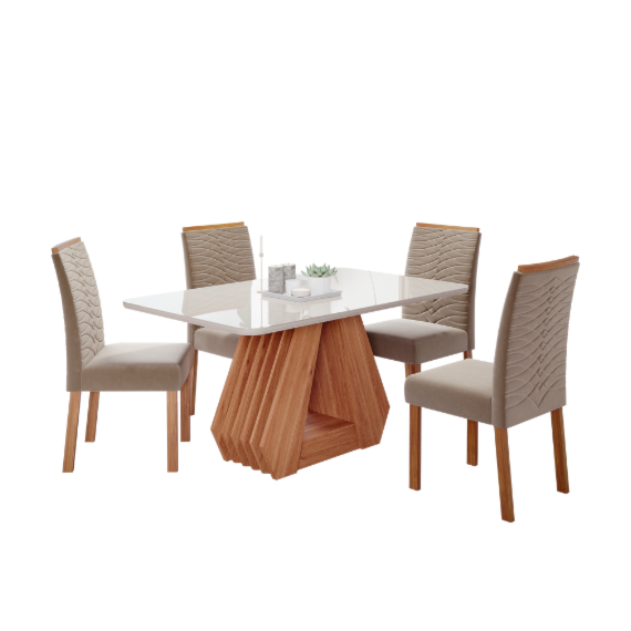 Conjunto Sala de Jantar Com Mesa Agata e 4 Cadeiras Clarice Nature/Off White/Joli Cimol Móveis