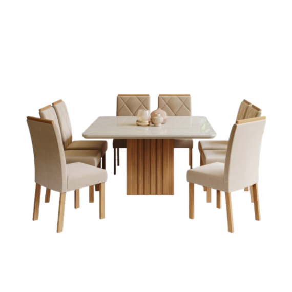 Conjunto Sala De Jantar Com Mesa Ana 130cm e 8 Cadeiras Fernanda Nature/Off White/Madeira/Nude Cimol Móveis