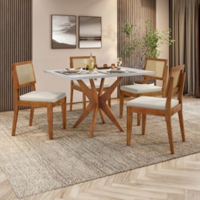 Conjunto Sala de Jantar Com Mesa Donna e 4 Cadeiras Rainha Madeira Maciça Natural/Off White Nesher