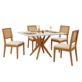 Conjunto Sala de Jantar Com Mesa Donna e 4 Cadeiras Rainha Madeira Maciça Natural/Off White Nesher