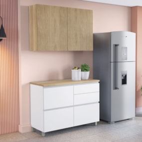 Cozinha 2 Peças 3 Portas 4 Gavetas com Armário Aéreo Nesher 100% MDF 120cm Rainha Nesher