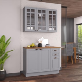 Cozinha 2 Peças Balcão 1,20m Com Tampo + Rodapé e Armário Com 3 Portas de Vidro Titânio Fosco Amoudi