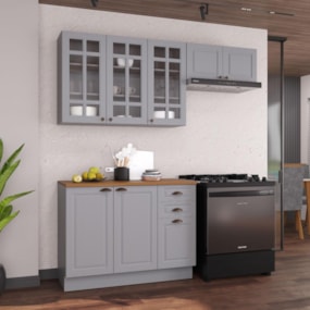 Cozinha 3 Peças Balcão Com Tampo + Rodapé, Armário 3 Portas e Armário Geladeira Titânio Fosco Amoudi