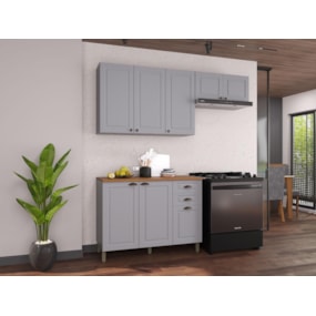 Cozinha 3 Peças Com Balcão Com Tampo + Rodapé, Armário 3 Portas e Armário Geladeira Titânio Fosco Amoudi
