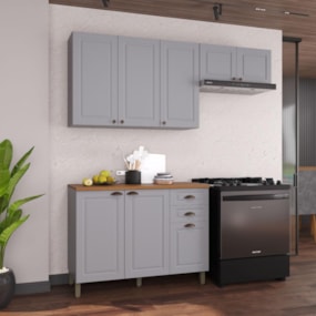 Cozinha 3 Peças Com Balcão Com Tampo + Rodapé, Armário 3 Portas e Armário Geladeira Titânio Fosco Amoudi