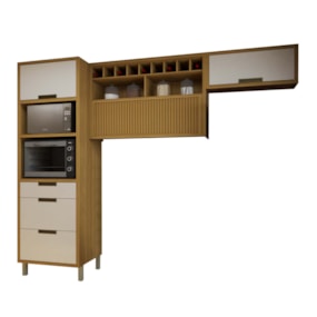 Cozinha 3 Peças Paneleiro Torre 2 Portas 3 Gavetas, Armário Aéreo 1 Porta e Armário Aéreo Geladeira Imperatriz Freijo/Off White Nesher