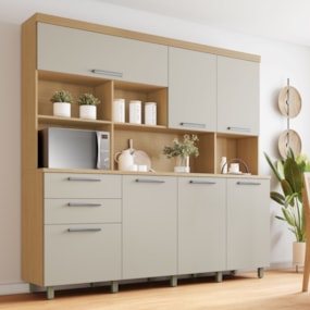 Cozinha Compacta Carvalho/Greige 7 portas 2 Gavetas Nobreza 210Cm 100% MDF Nesher 