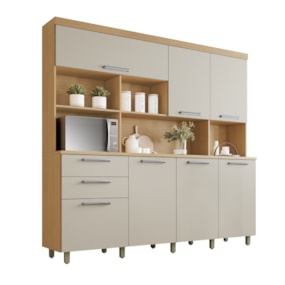 Cozinha Compacta Carvalho/Greige 7 portas 2 Gavetas Nobreza 210Cm 100% MDF Nesher 