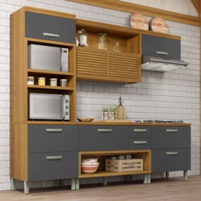 Cozinha Completa 5 Portas 4 Gavetas Ripado 100% MDF Princesa Freijó/Grafite Nesher