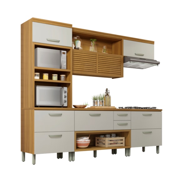 Cozinha Completa 5 Portas 4 Gavetas Ripado 100% MDF Princesa Freijó/Off White Nesher