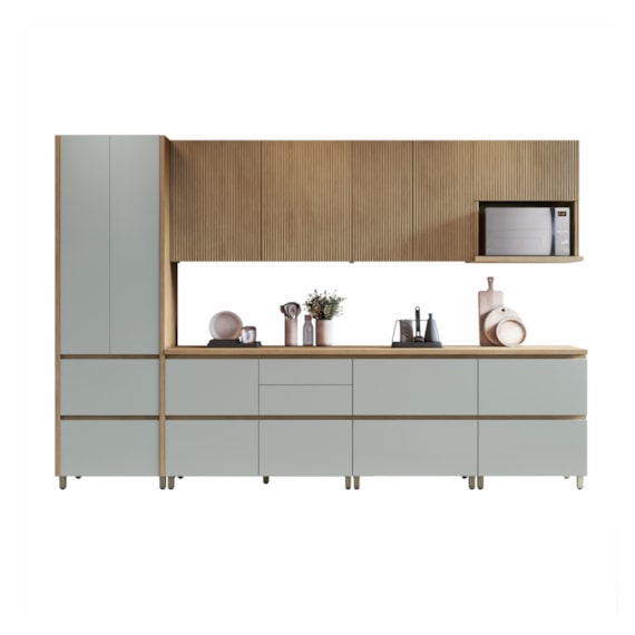 Cozinha Completa Rainha 10 Portas 8 Gavetas Ripado 100% Mdf Nature/Verde Nesher