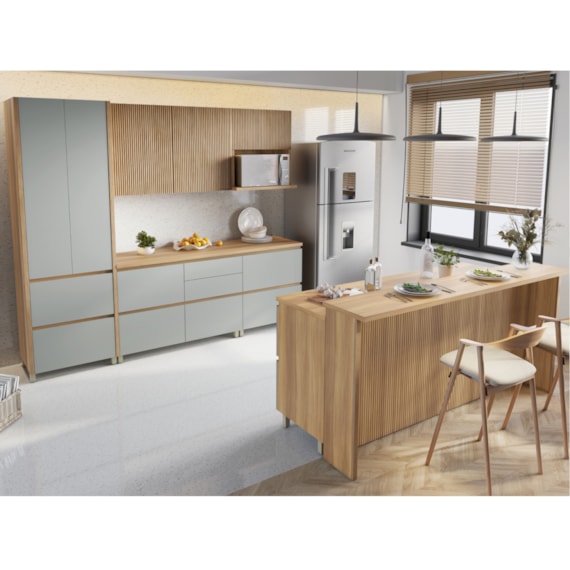 Cozinha Modulada 8 Peças Com 2 Armários Aéreos Ripado 4 Balcões 1 Paneleiro 1 Painel De Ilha Rainha Gourmet Nature/Verde Nesher