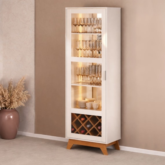 Cristaleira Mirage Com Luzes De LED E Adega Cinamomo/Off White Artely 