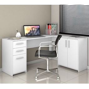 Escrivaninha em L para escritório com 2 Gavetas e 3 Portas Branco NT2005 Notável Móveis