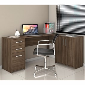 Escrivaninha em L para escritório com 2 Gavetas e 3 Portas Nogal Trend NT2005 Notável Móveis