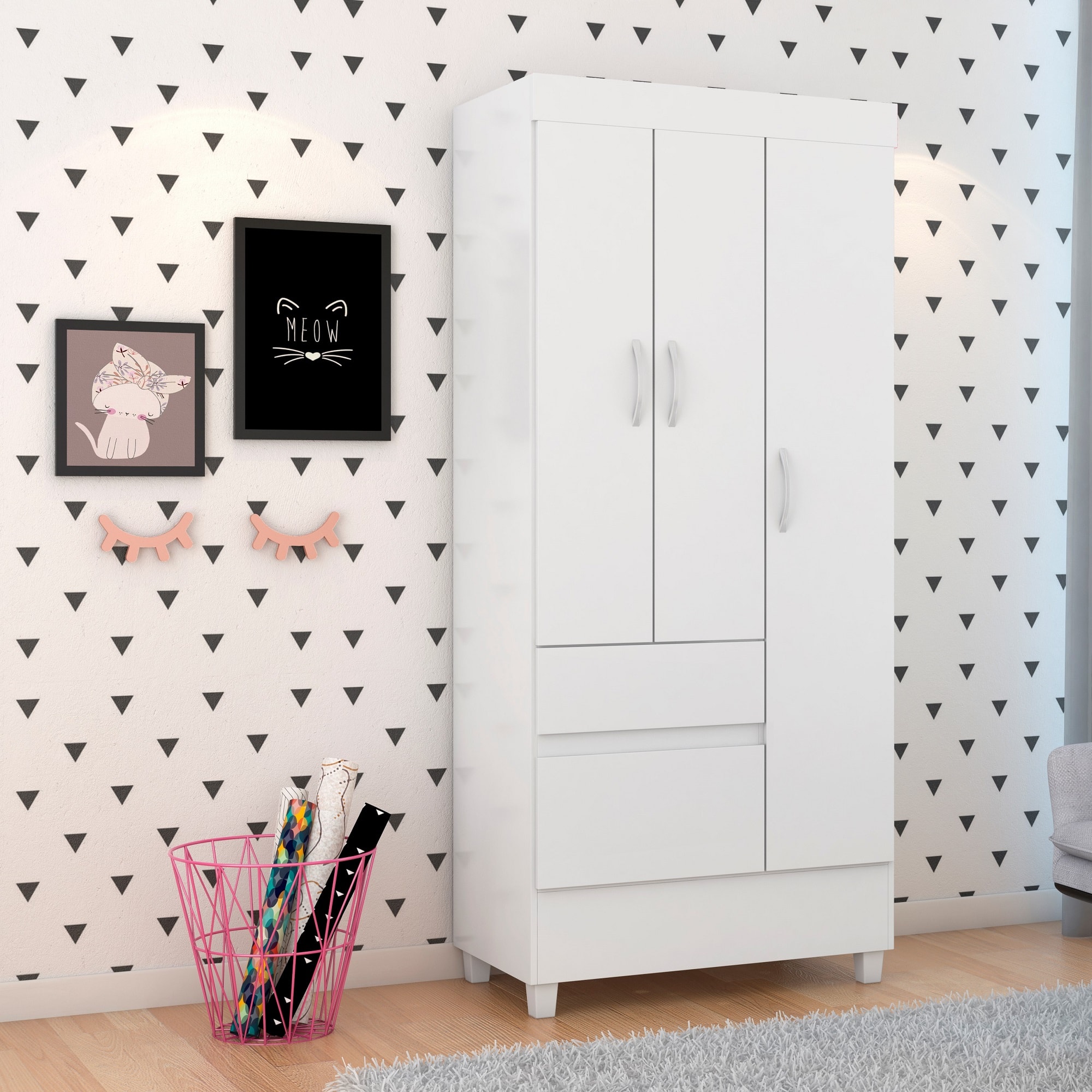 Guarda-Roupa 3 pts 2 gavetas Wind Branco/Rosa Flex Demóbile - Casa