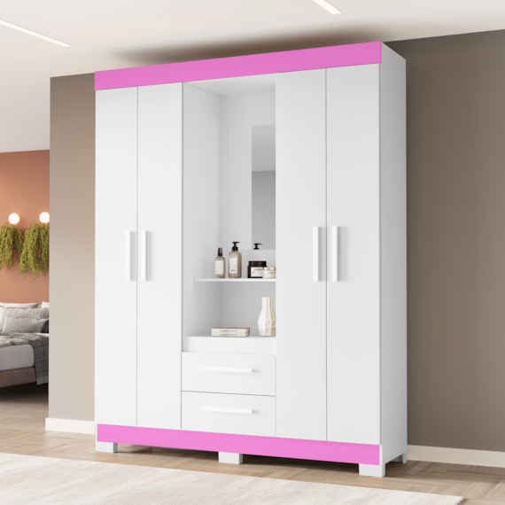 Guarda Roupa Capelinha 4 Portas NT6055 Branco/Rosa Flex Notável Móveis 