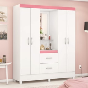 Guarda Roupa Capelinha Lord 4 Portas Com Espelho Branco/Rosa Demóbile