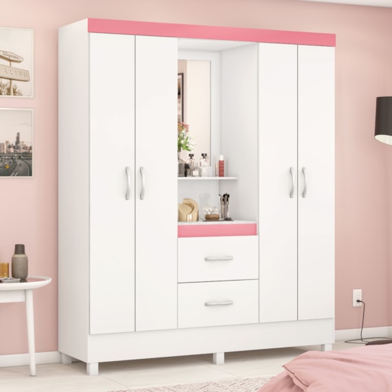 Guarda Roupa Capelinha Lord 4 Portas Com Espelho Branco/Rosa Demóbile