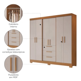 Guarda Roupa Casal 6 Portas 3 Gavetas Freijó/Off White NT6030 Notável Móveis