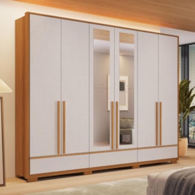 Guarda Roupa Casal 6 Portas 3 Gavetas NT6035 Com Espelho Freijó/Off White Notável Móveis