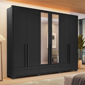 Guarda Roupa Casal 6 Portas 3 Gavetas NT6035 Com Espelho Preto Tx Notável Móveis