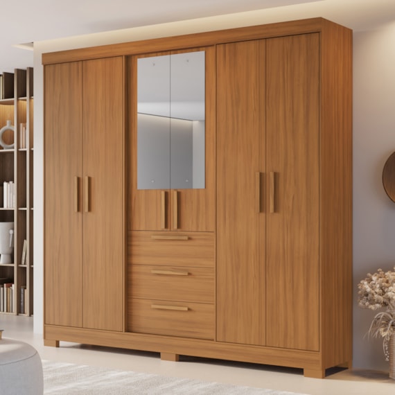 Guarda Roupa Casal 6 Portas Com Espelho 100% MDF NT6030 Freijó Notável Móveis 