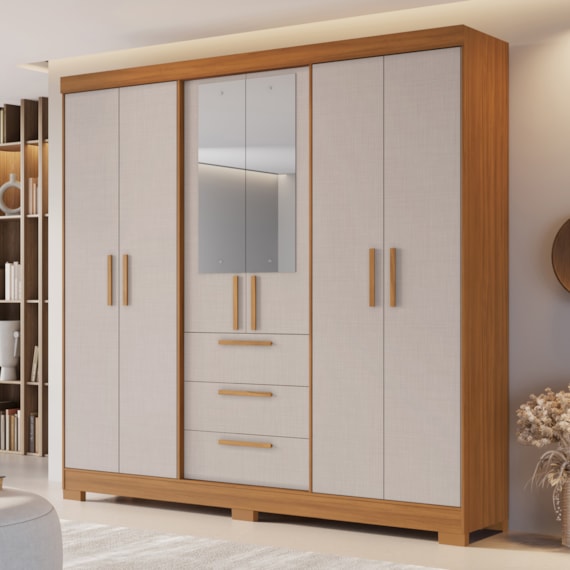 Guarda Roupa Casal 6 Portas Com Espelho 100% MDF NT6030 Freijó/Off White Notável Móveis 